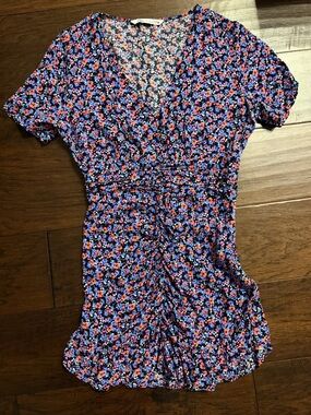 Floral V-Neck Short Sleeve Dress — Blue, Black, Pink Print